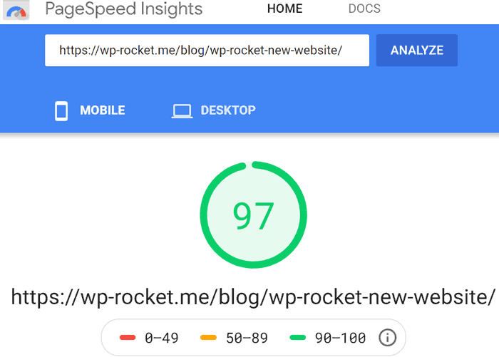 Screenshot of Page Speed Performance score of 97 out of 100
