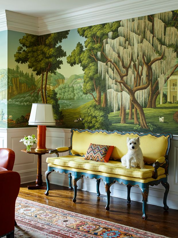 In a Franklin Lakes, N.J., dining room designed by Katie Ridder, a hand-painted mural from...