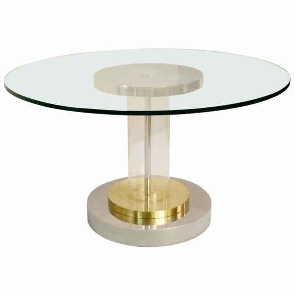Italian Lucite, brass and aluminium pedestal table with glass top, circa 1970s. Romeo Rega, 