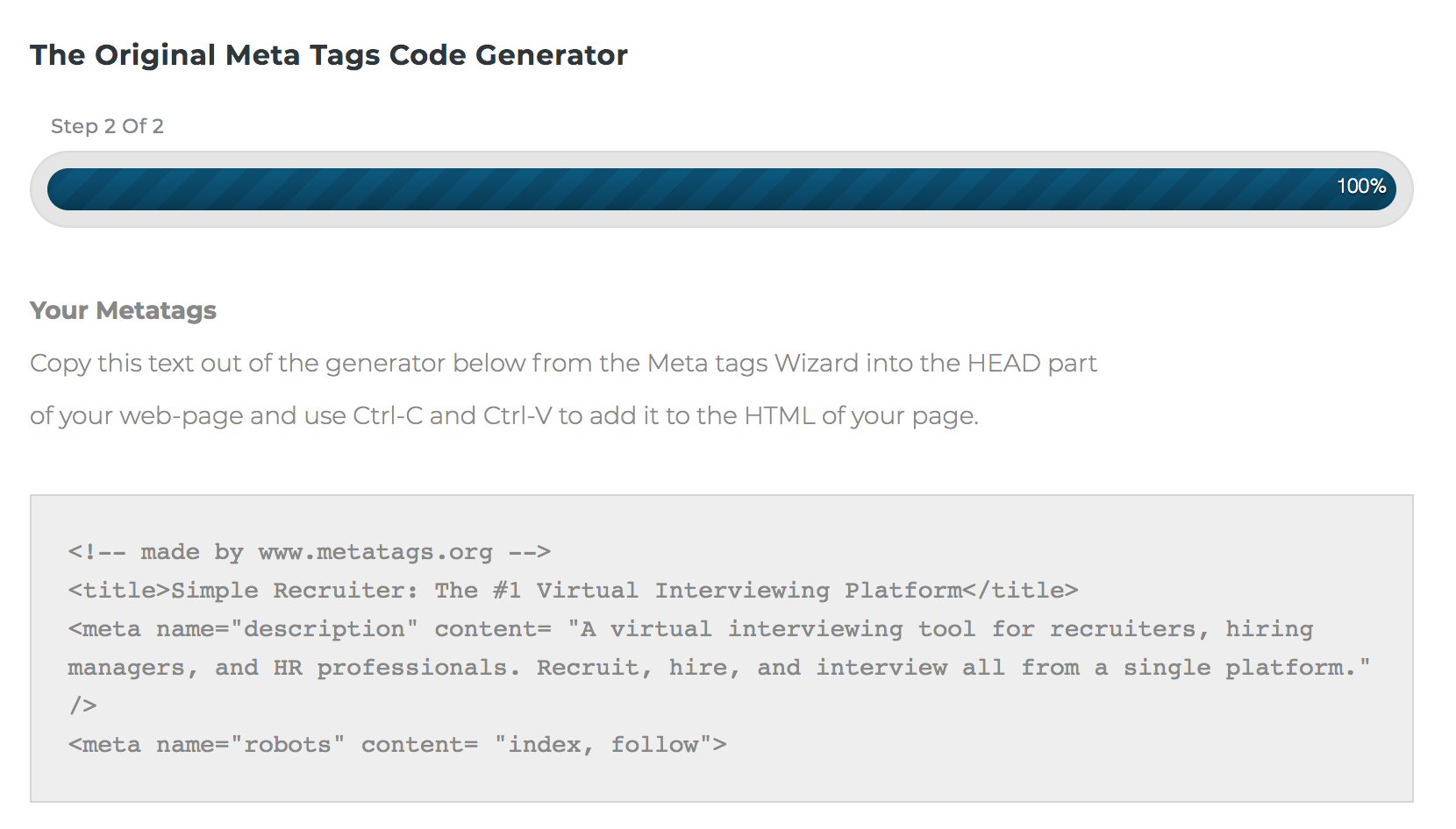 meta tag generator output from Metatags.org.