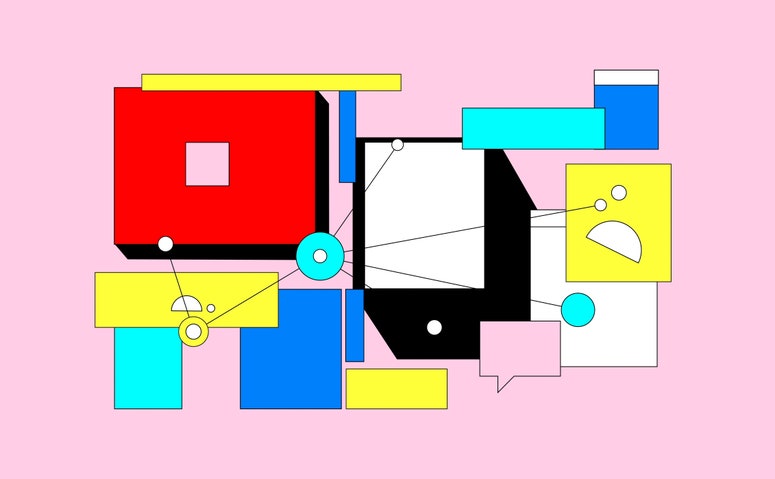 an abstract depiction of screens and bubbles connected