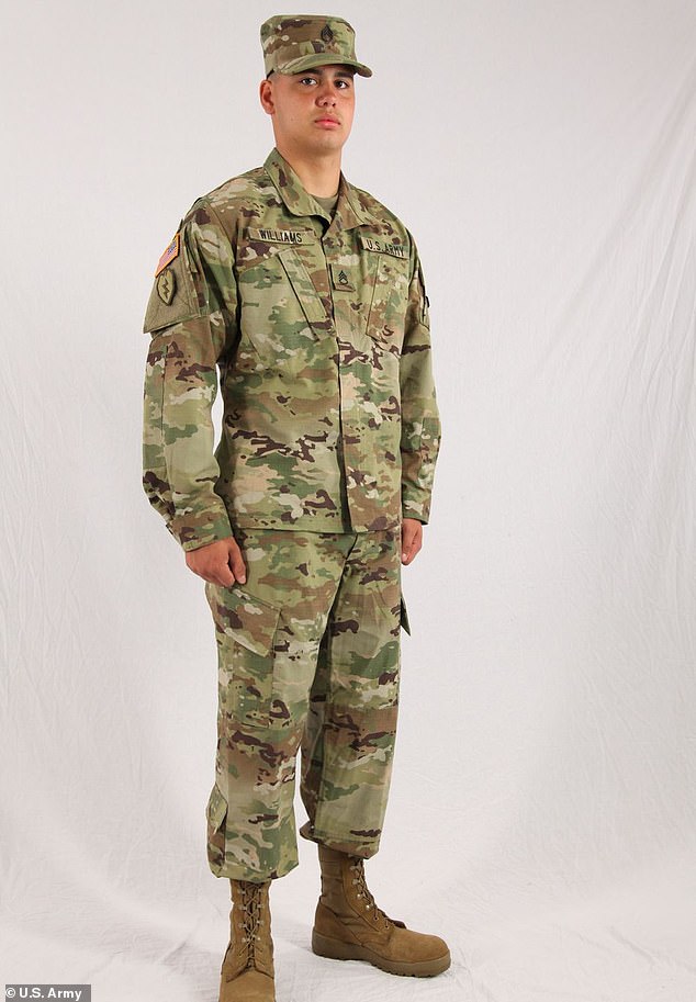 The illustration of the red-headed soldier resembles the same hat, boots and pattern of the US-military uniform (pictured)