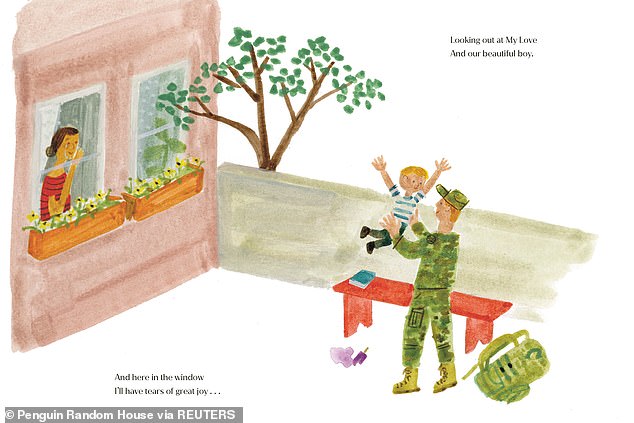 Prince Harry's biographer Angela Levin has questioned the royal's bond with Britain after spotting a hidden message in wife Meghan Markle's book, The Bench. Pictured, an illustration of what appears to be the royal donning a US-style army uniform in The Bench