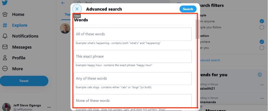 Search fields for Twitter Advanced Search