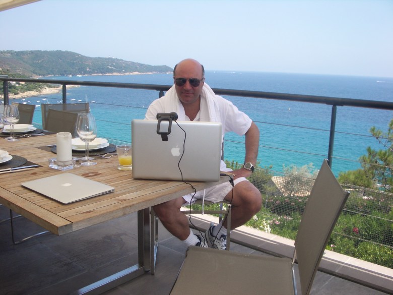 Kevin O'Leary: Advances in mobile technology allow me to broadcast tv from anywhere. Here I'm working with CBC's Heather Hiscox from my balcony in St. Tropez