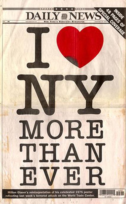 A picture of the Daily News front page with Milton Glaser's I Heart NY MORE THAN EVER poster, after September 11, 2001