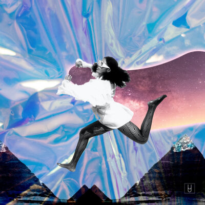 Collage by Alexa Lima with a woman jumping and flying in an iridescent sky with mountains in the background