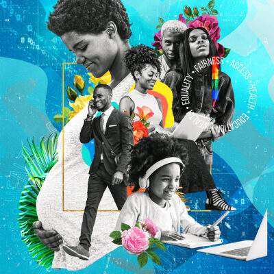 Collage by Greg Dubois, including an image of a black child working on a laptop