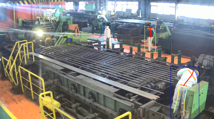 Sensor fusion combines computer vision and Real-Time Locating Systems (RTLS) to produce alerts of potentially dangerous conditions for workers. The above picture is from the SeAH Besteel steel mill in South Korea. Everguard.ai's computer vision models have proven effective in detecting different human postures and looking for unsafe activity, including repetitive motion, unsafe load pick-up posture, improper hand on load handling, and worker orientation relative to heavy equipment (if worker facing oncoming crane or vehicle load)