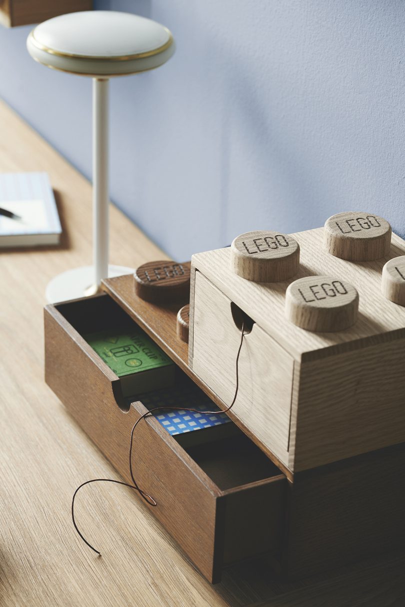 wooden Lego block desk storage