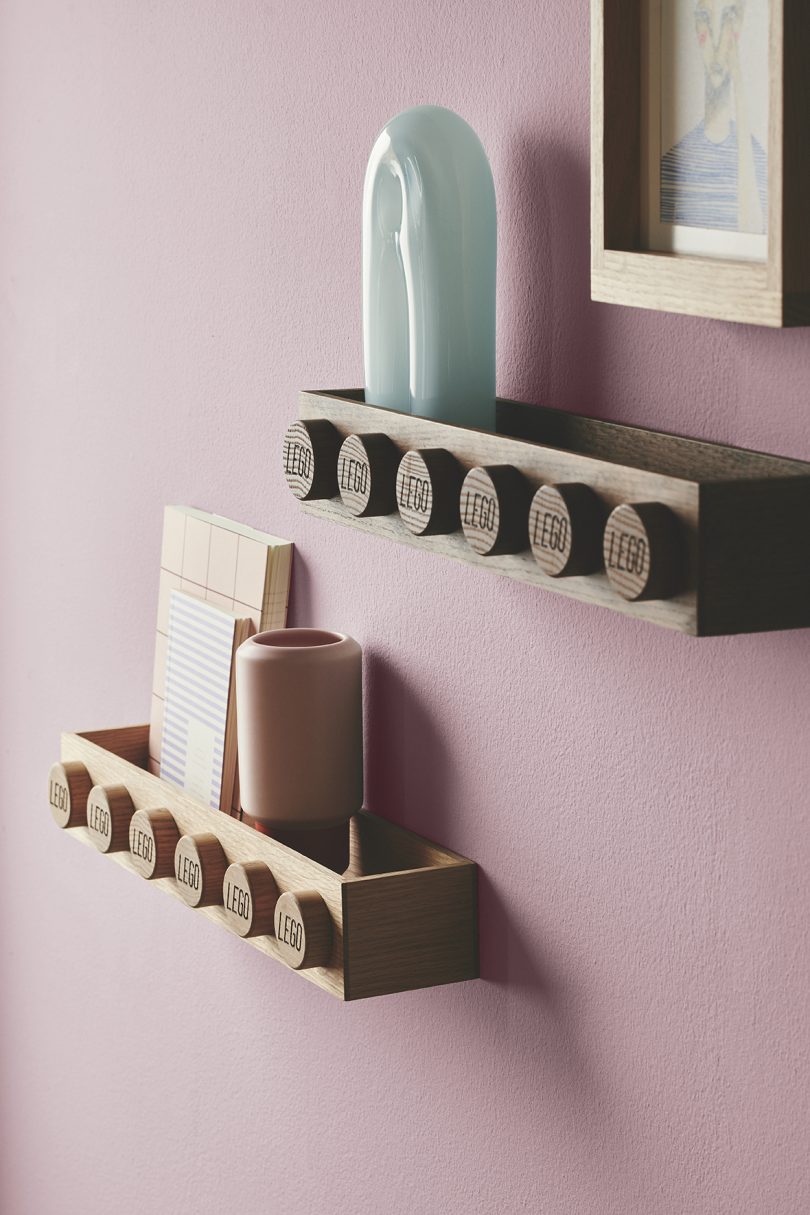 wooden Lego wall shelves in living space