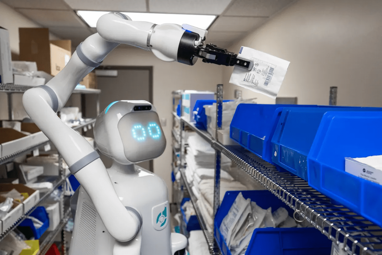 A Moxie robot assists in a healthcare setting
