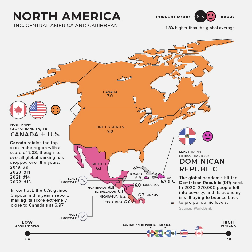 regional map measuring happiness levels in north america in 2022