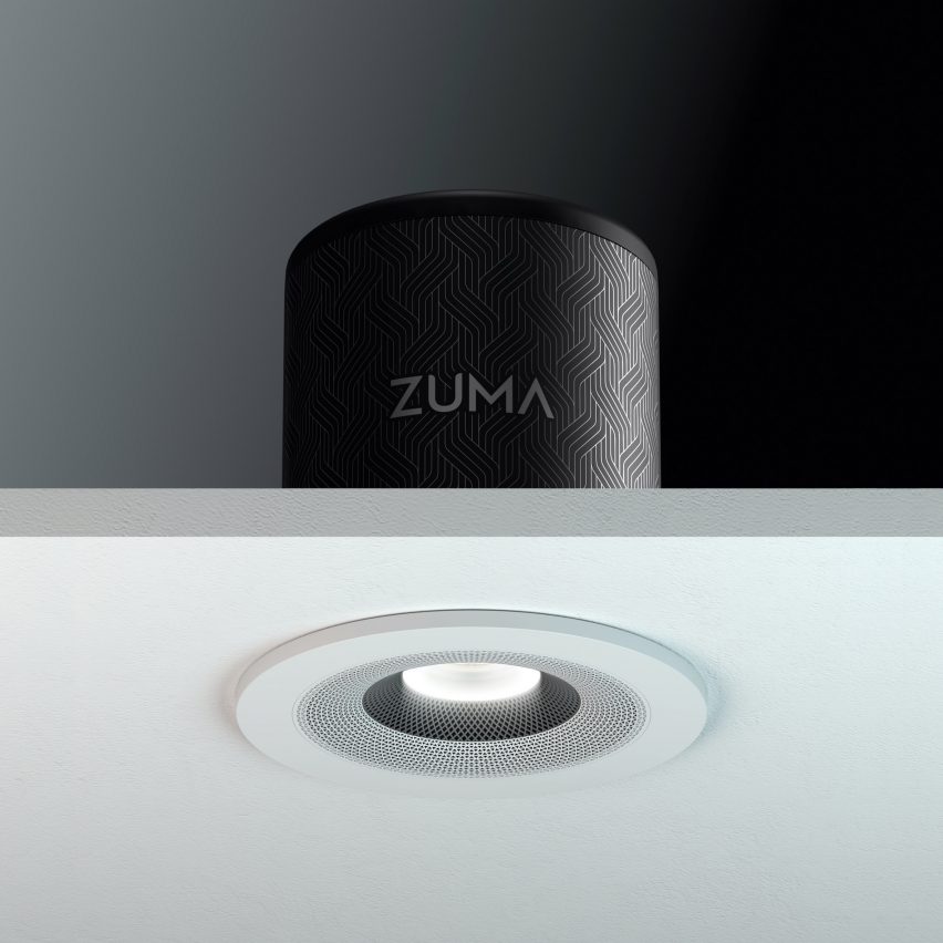 Close up of the Lumisonic downlight by Zuma recessed into a ceiling board