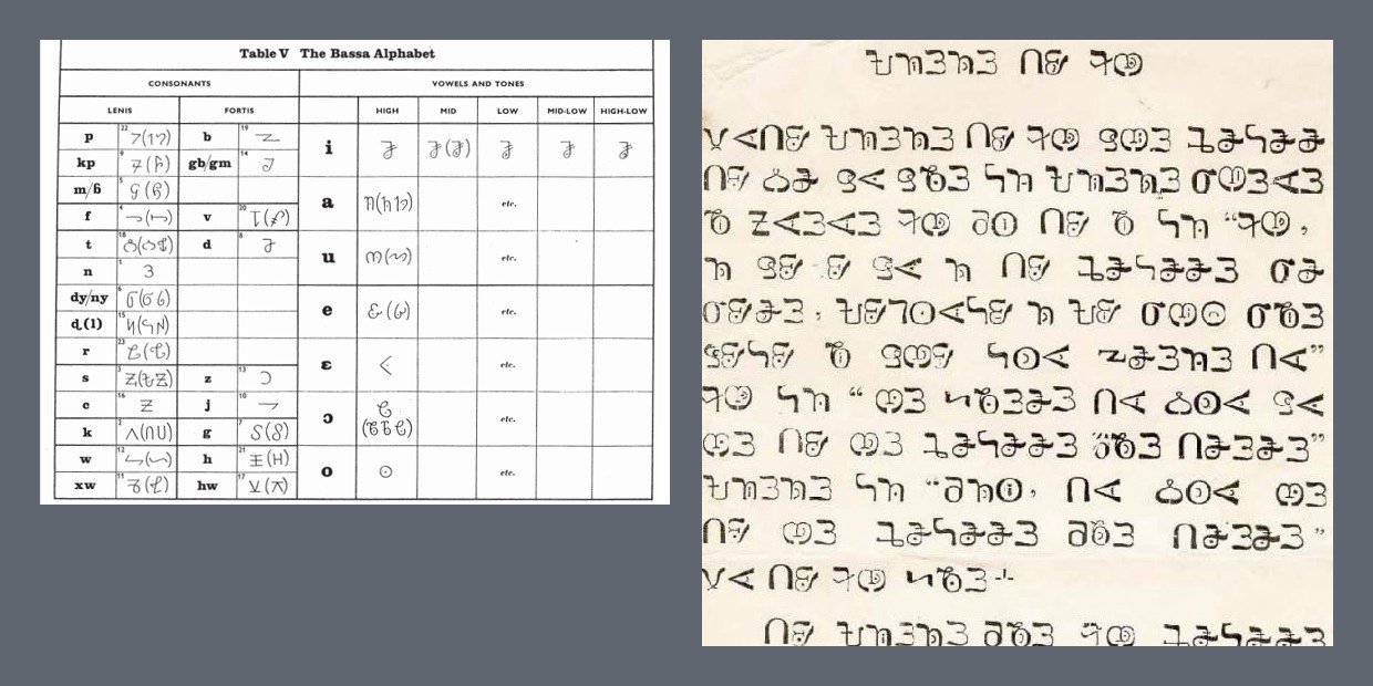 Two images showing text sources for Bassa Vah alphabet. The image on the right shows a table Bassa vah syllables as depicted by Dalby (1967). For some consonants and vowels, more than one letter is shown. The image on the right shows a classic printed version of the Vah alphabet. Some of the letters shown on both images look similar while there are some that are depicted differently.