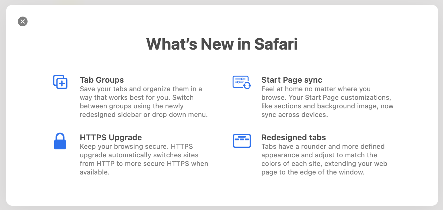 Displays updates for Safari 15, Including HTTPS Upgrade feature